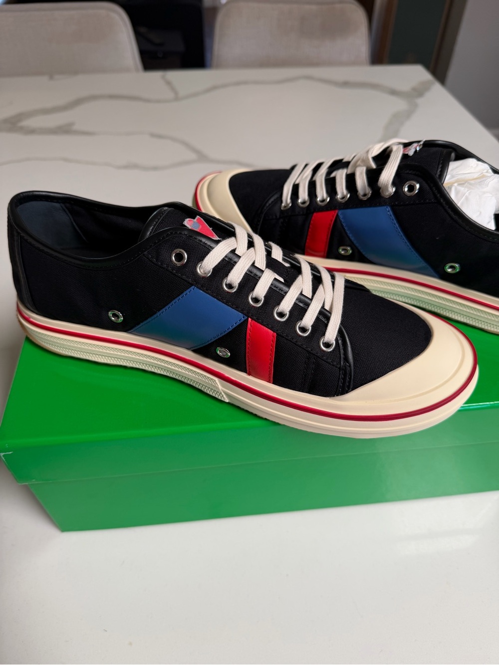 Bottega Veneta Black Eliot Low-Top Sneakers with Blue & Red Stripes - size 43